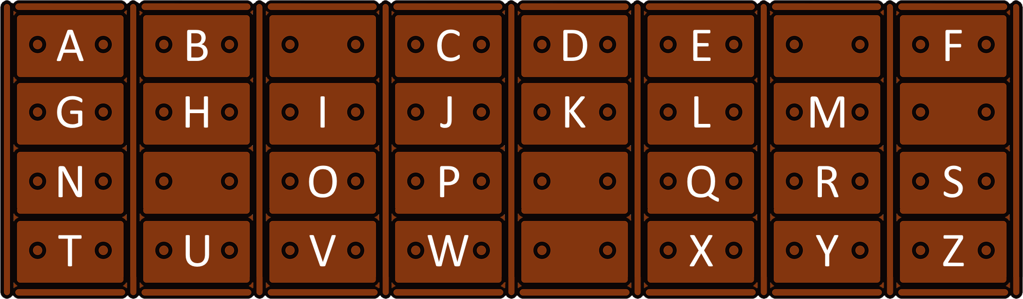 Four rows of drawers. Top row: AB_CDE_F, second row: GHIJKLM_, third row: N_OP_QRS, fourth row: TUVW_XYZ