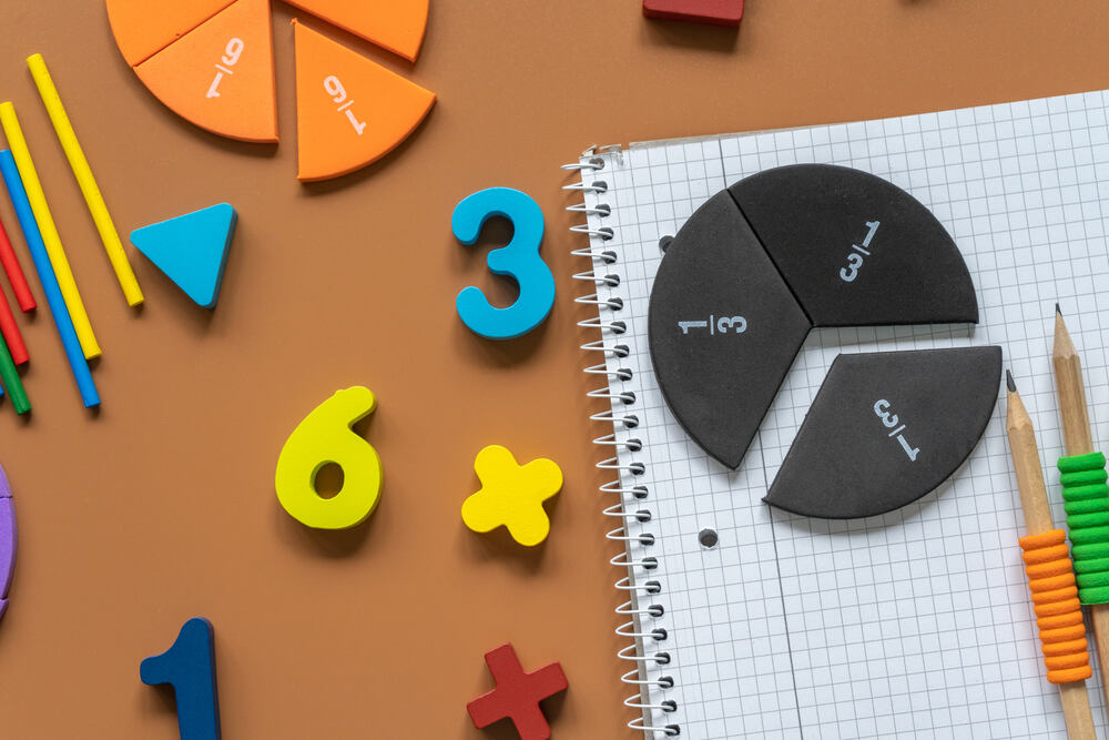 Chunky numbers, pencils and pieces of a pie chart on a notepad on a brown desk top